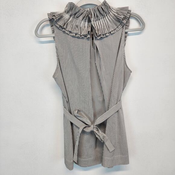 Bcbgmaxazria Ruffle Neck Sleeveless Blouse Size M Gray Stripe Stretch Avant Chic - Picture 2 of 10